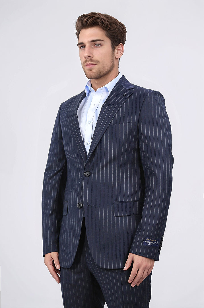 Slim fit mono yaka çizgili lacivert yünlü takım elbise 