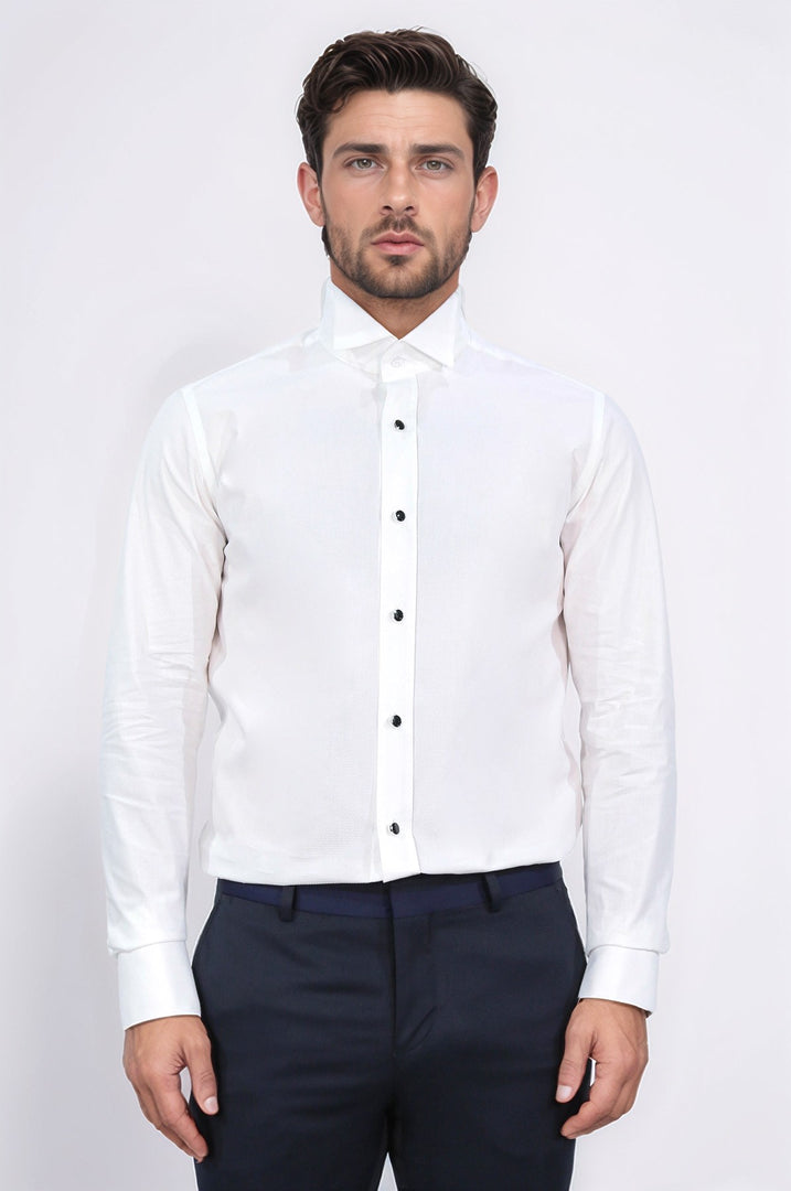 beyaz slim fit duble manşet italyan yaka smokin gömlek 