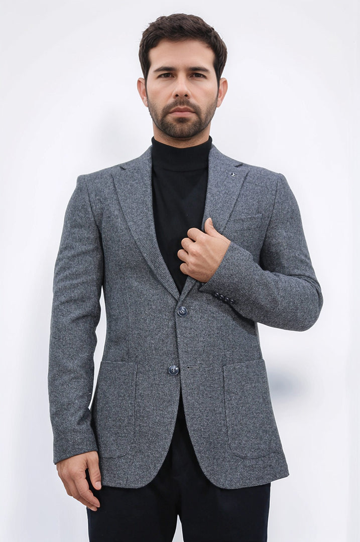 Slim fit mono yaka gri astarsız yünlü tek ceket 