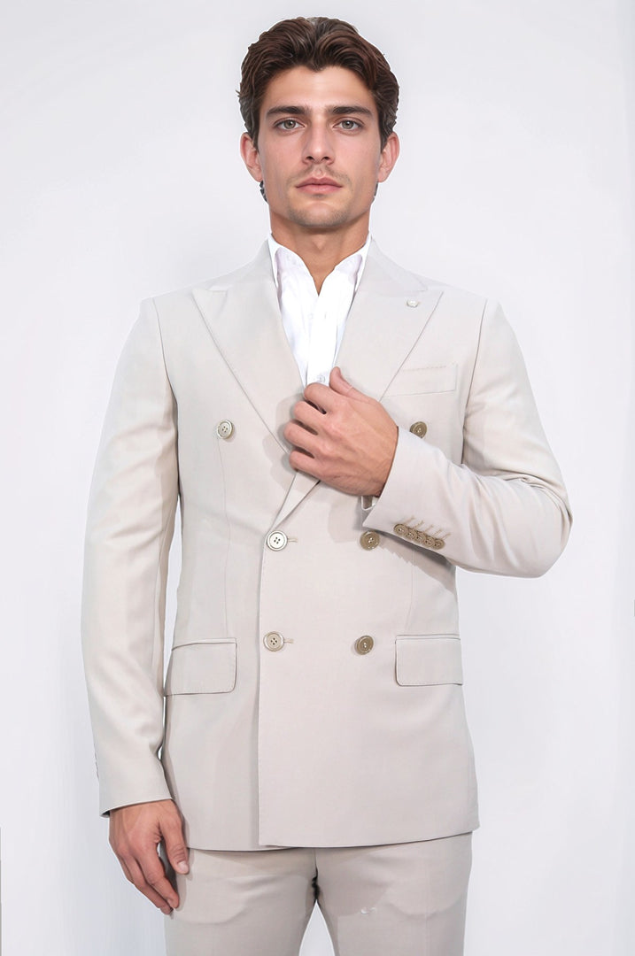 Slim fit sivri yaka kruvaze bej takım elbise 