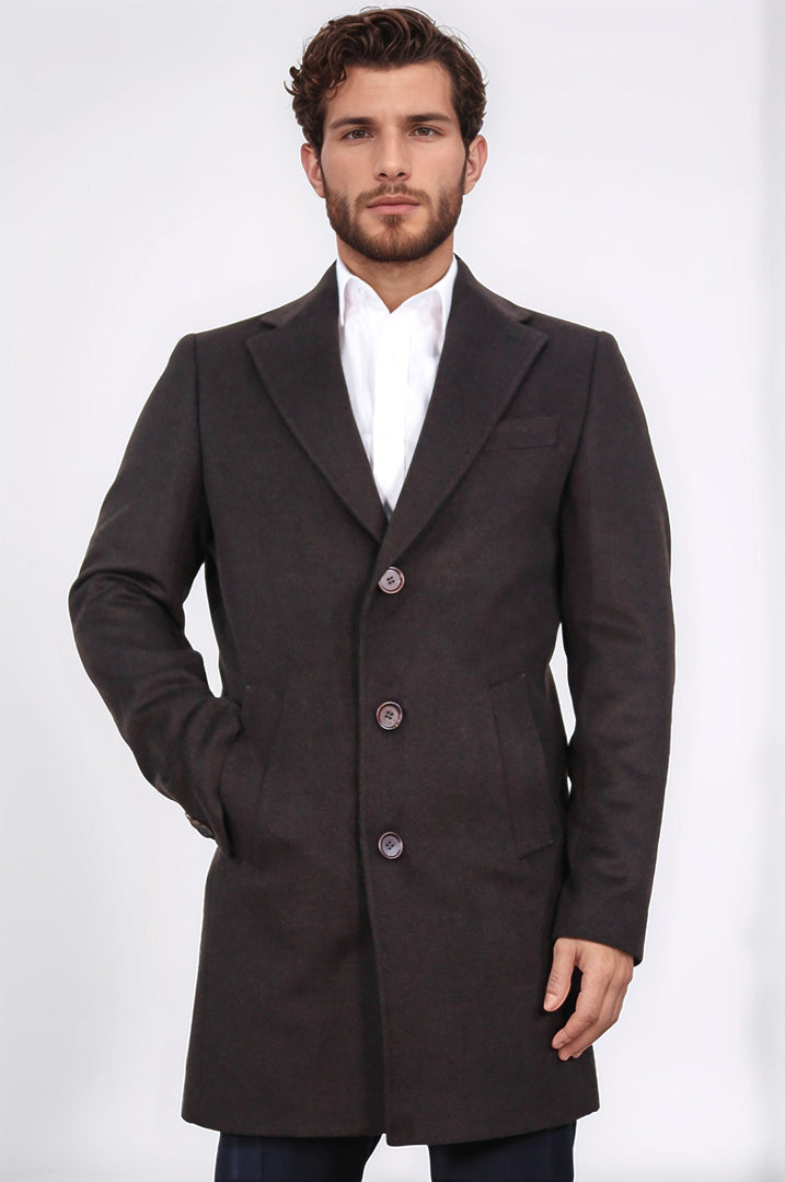 üç düğmeli mono yaka yün ve kaşmir karışımlı kahverengi kaban 