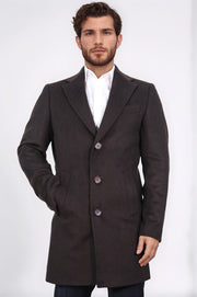 üç düğmeli mono yaka yün ve kaşmir karışımlı kahverengi kaban 