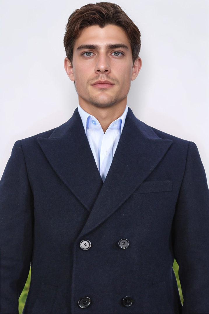 kruvaze sivri yaka yün ve kaşmir karışımlı lacivert kaban