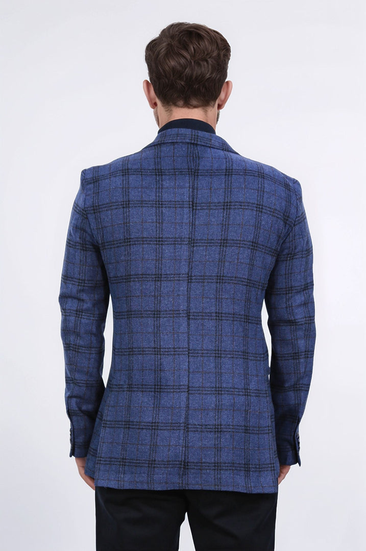 slim fit mono yaka lacivert kareli astarsız tek ceket 