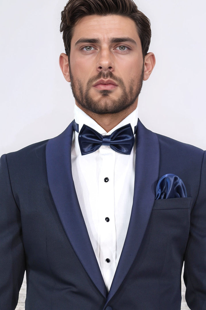 Slim fit şal yaka lacivert desenli takım elbise 