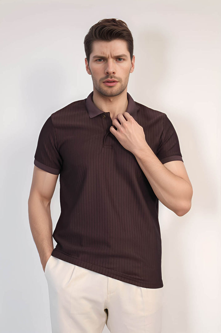 VELVARDE ÇİZGİLİ POLO YAKA TSHIRT KOYUKAHVE (1895)