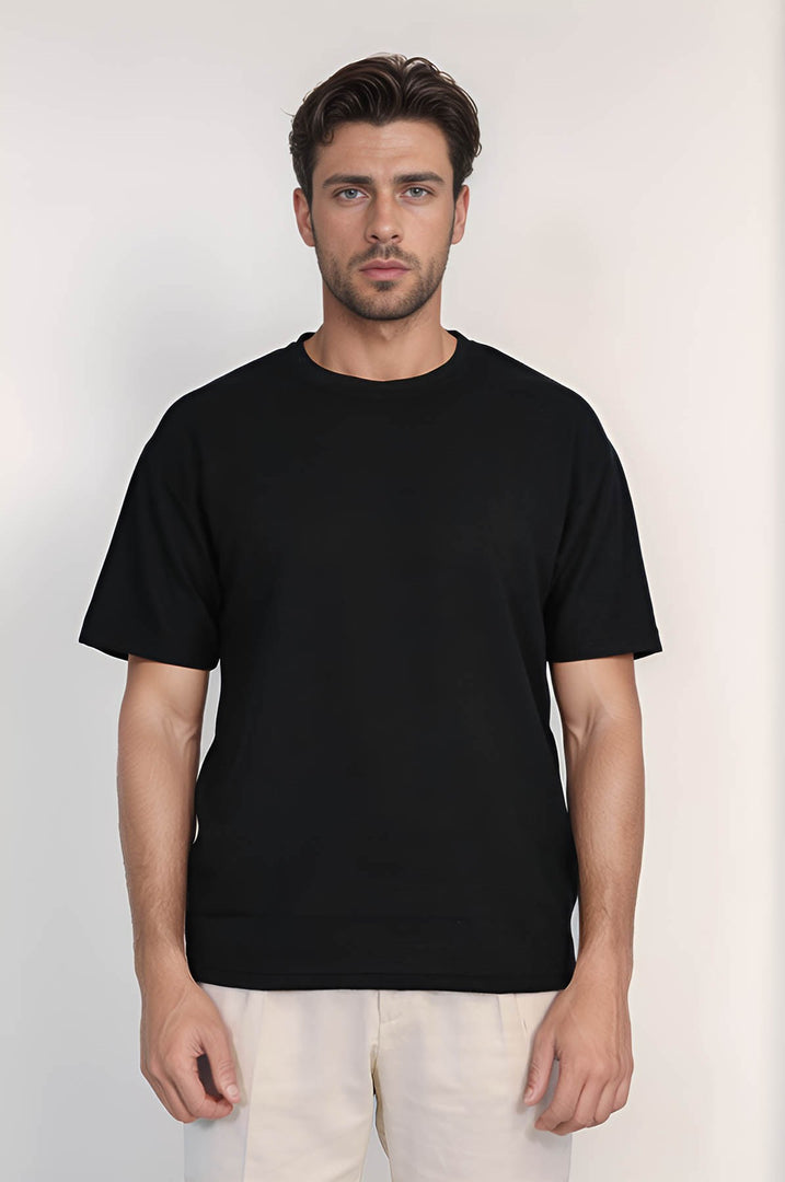 VELVARDE BİSİKLET YAKA ÇİZGİLİ TSHIRT SİYAH (1818)