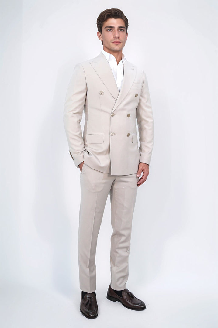 Slim fit sivri yaka kruvaze bej takım elbise 