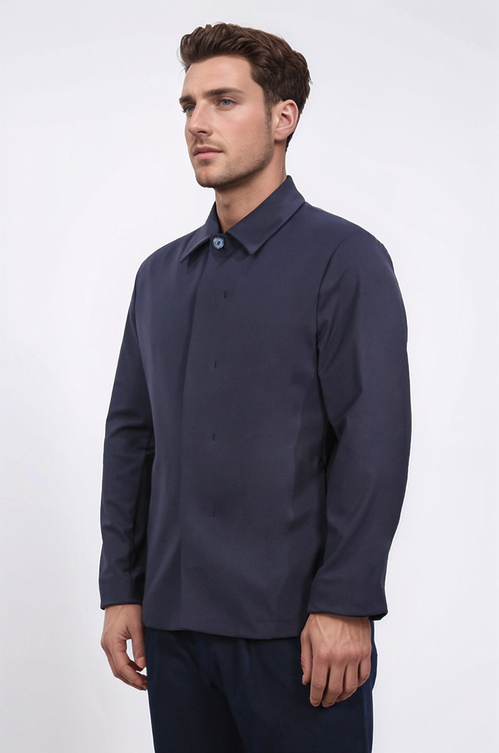comfort fit bi-strech hafif dokulu lacivert astarsız gömlek ceket 