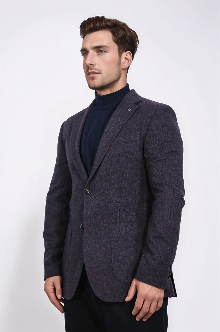 Slim fit mono yaka mor astarsız yünlü tek ceket 