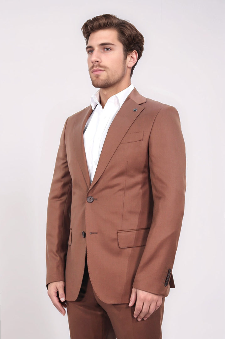 Slim fit mono yaka kiremit yünlü takım elbise 