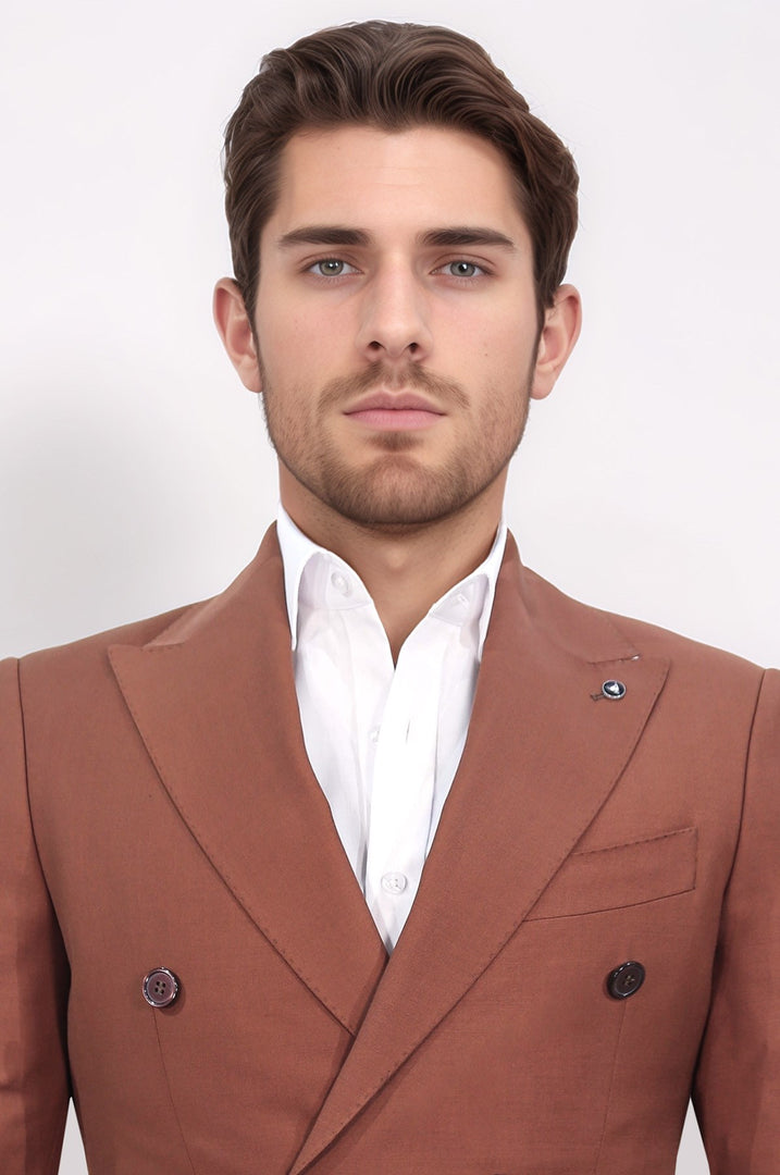 slim fit kruvaze sivri yaka kiremit takım elbise 