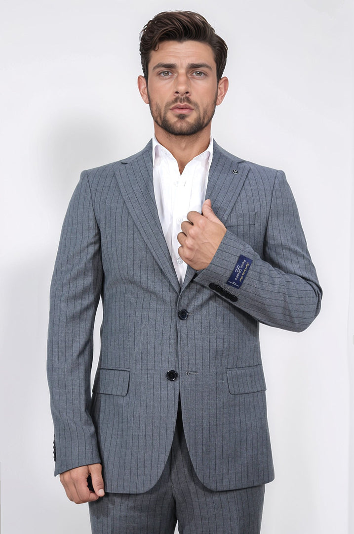 Slim fit mono yaka gri yünlü takım elbise 