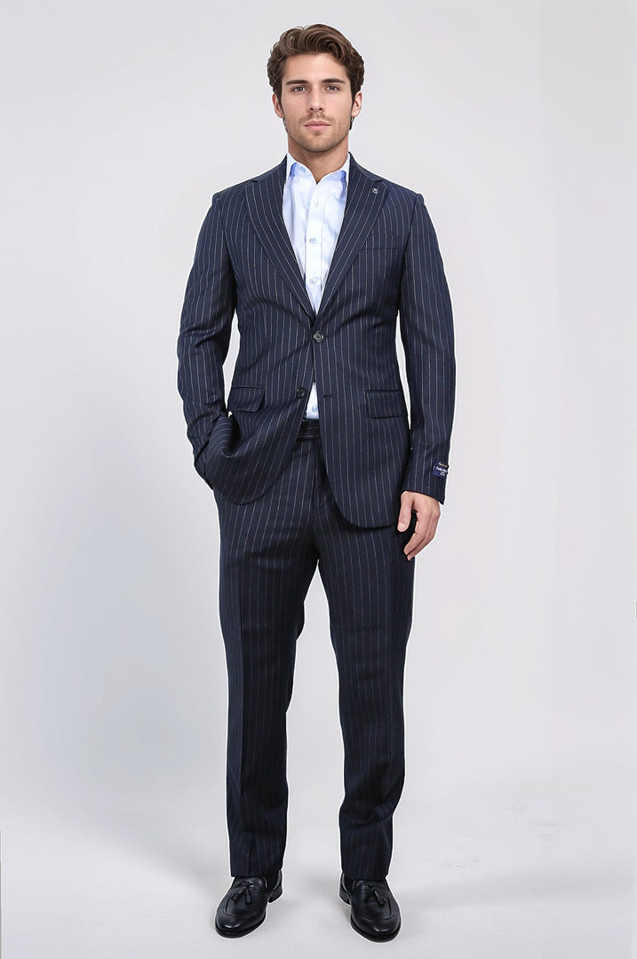 Slim fit mono yaka çizgili lacivert yünlü takım elbise 