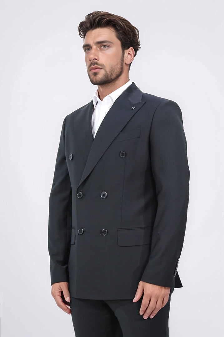 slim fit sivri yaka kruvaze siyah takım elbise 