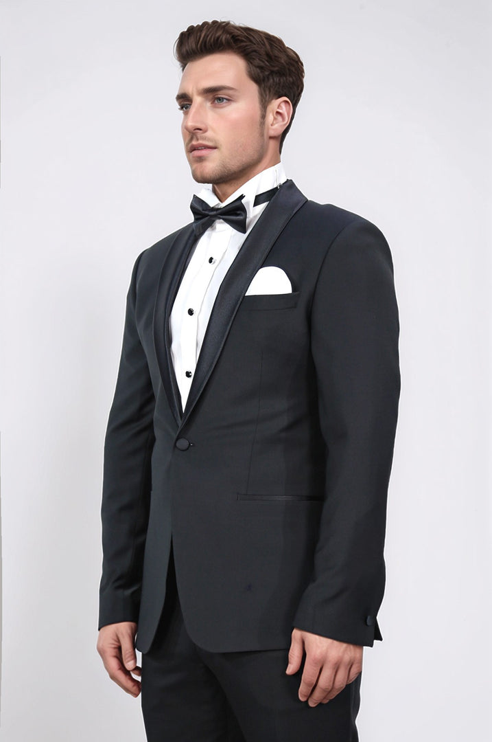 Slim fit saten şal yaka siyah damatlık 