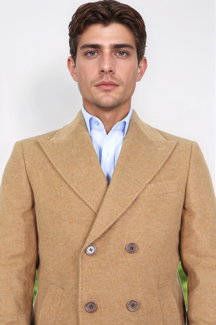 kruvaze sivri yaka yün ve kaşmir karışımlı camel kaban 