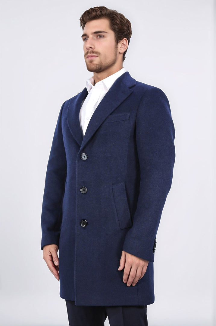 üç düğmeli mono yaka yün ve kaşmir karışımlı lacivert kaban 