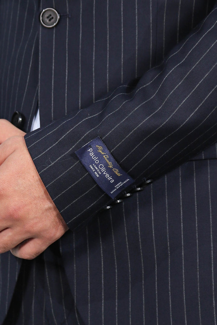 Slim fit mono yaka çizgili lacivert yünlü takım elbise 