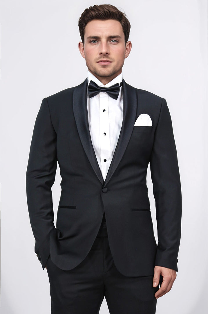 Slim fit saten şal yaka siyah damatlık 
