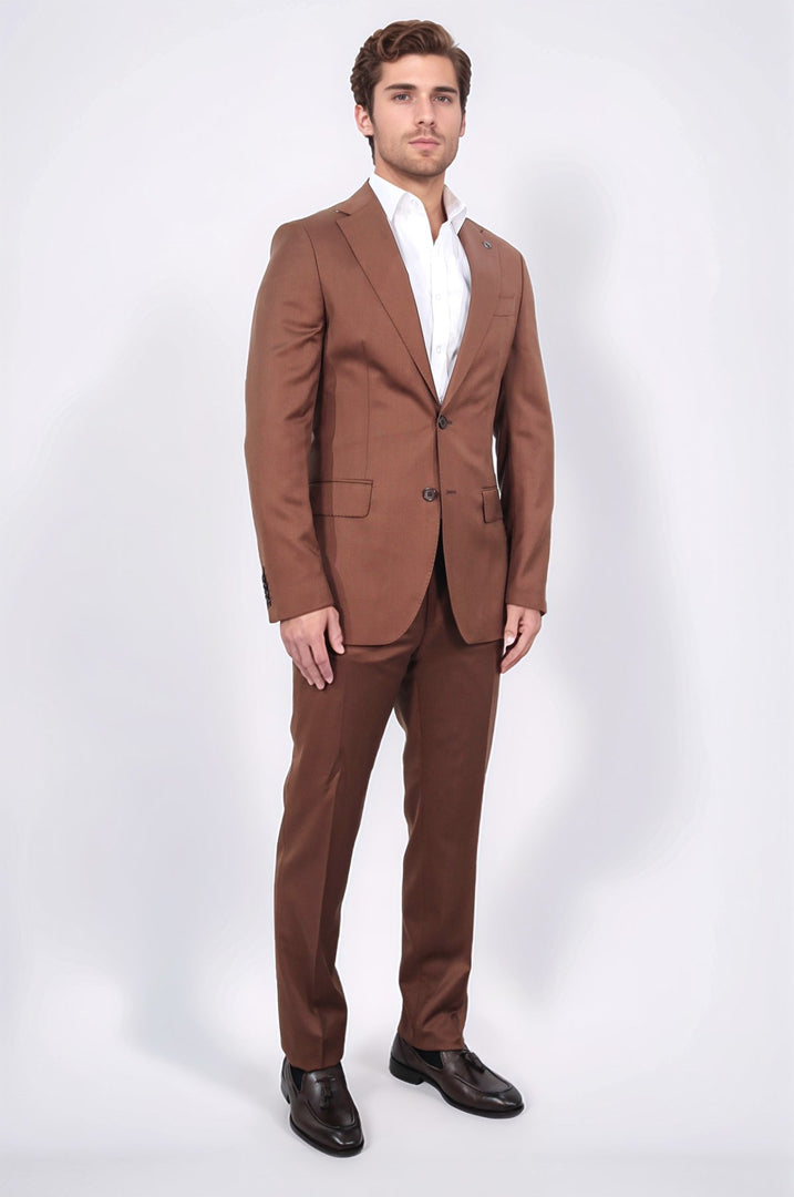 Slim fit mono yaka kiremit yünlü takım elbise 