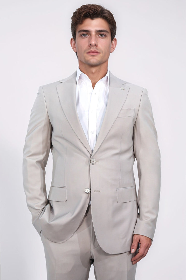 Slim fit mono yaka bej  takım elbise 