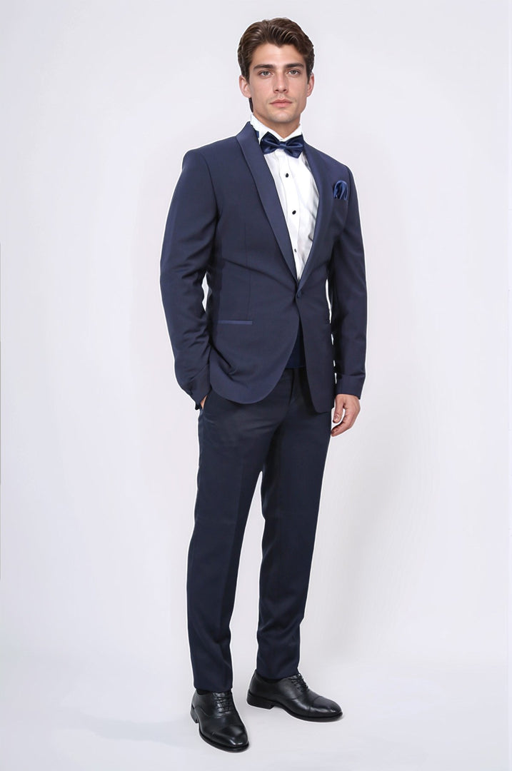 Slim fit şal yaka lacivert yünlü damatlık 