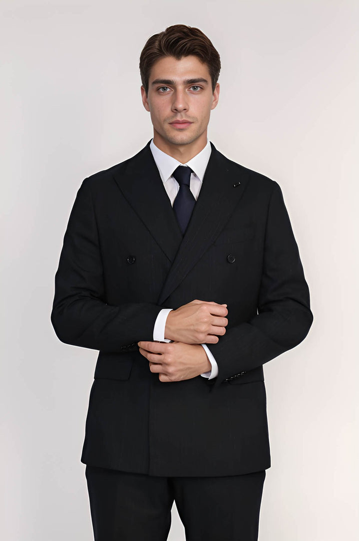 VELVARDE ÇİZGİLİ KRUVAZE TAKIM ELBİSE LACİVERT