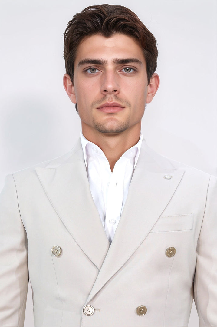 Slim fit sivri yaka kruvaze bej takım elbise 