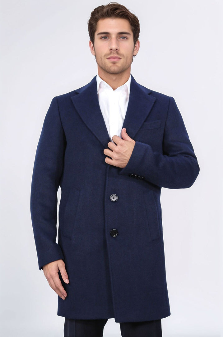üç düğmeli mono yaka yün ve kaşmir karışımlı lacivert kaban 