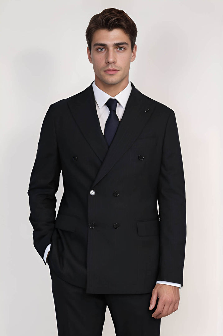 VELVARDE ÇİZGİLİ KRUVAZE TAKIM ELBİSE LACİVERT