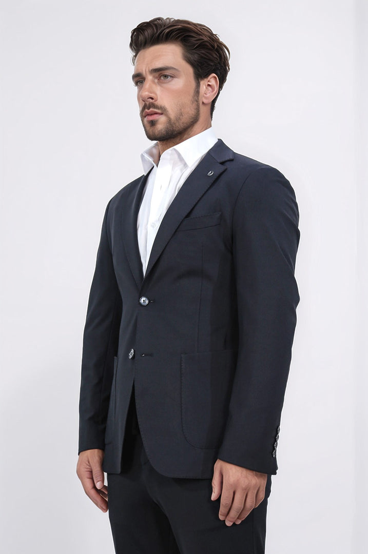 Comfort fit bi-strech hafif dokulu siyah astarsız tek ceket 