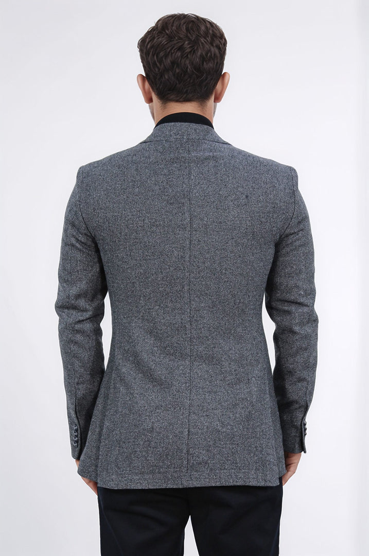 Slim fit mono yaka gri astarsız yünlü tek ceket 