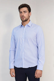 VELVARDE PAMUKLU ÇİZGİLİ GÖMLEK MAVİ