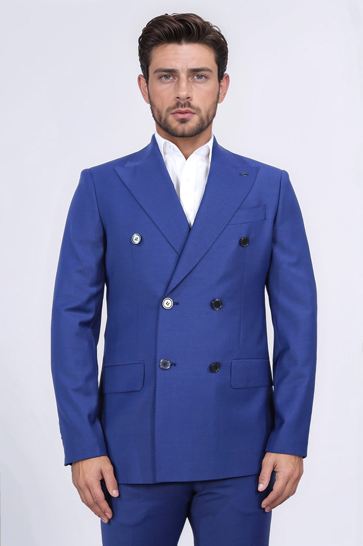 slim fit sivri yaka kruvaze petrol mavi takım elbise 