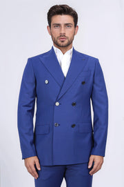 slim fit sivri yaka kruvaze petrol mavi takım elbise 