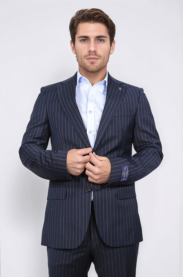 Slim fit mono yaka çizgili lacivert yünlü takım elbise 