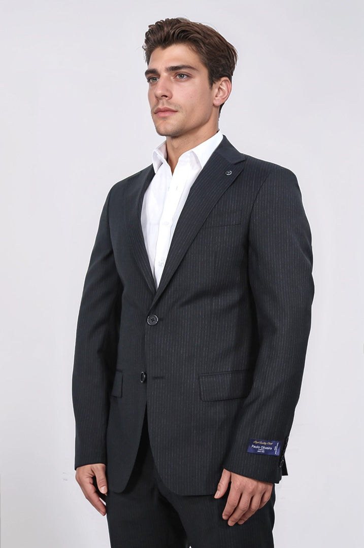 Slim fit mono yaka siyah çizgili yünlü takım elbise 