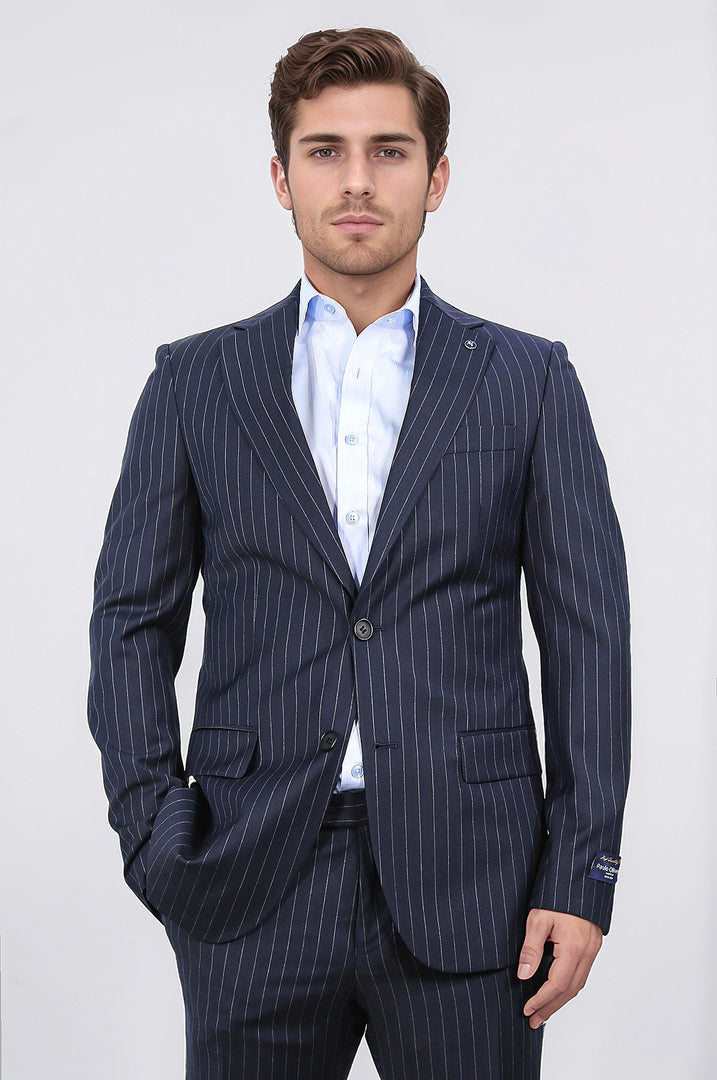 Slim fit mono yaka çizgili lacivert yünlü takım elbise 