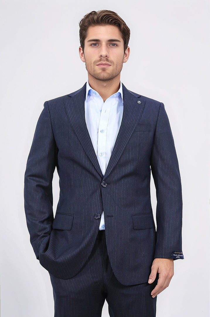 Slim fit mono yaka lacivert çizgili yünlü takım elbise 