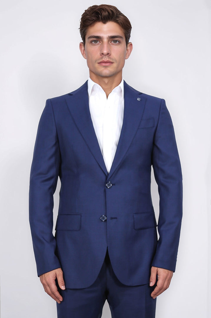 Slim fit mono yaka koyu mavi takım elbise 