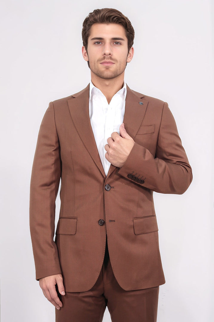 Slim fit mono yaka kiremit yünlü takım elbise 