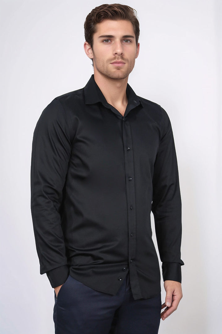 slim fit saten italyan yaka siyah gömlek 