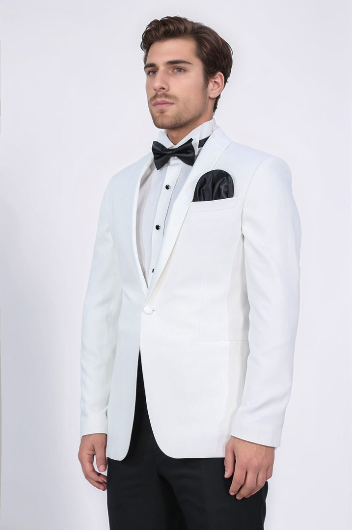 Slim fit saten şal yaka beyaz damatlık