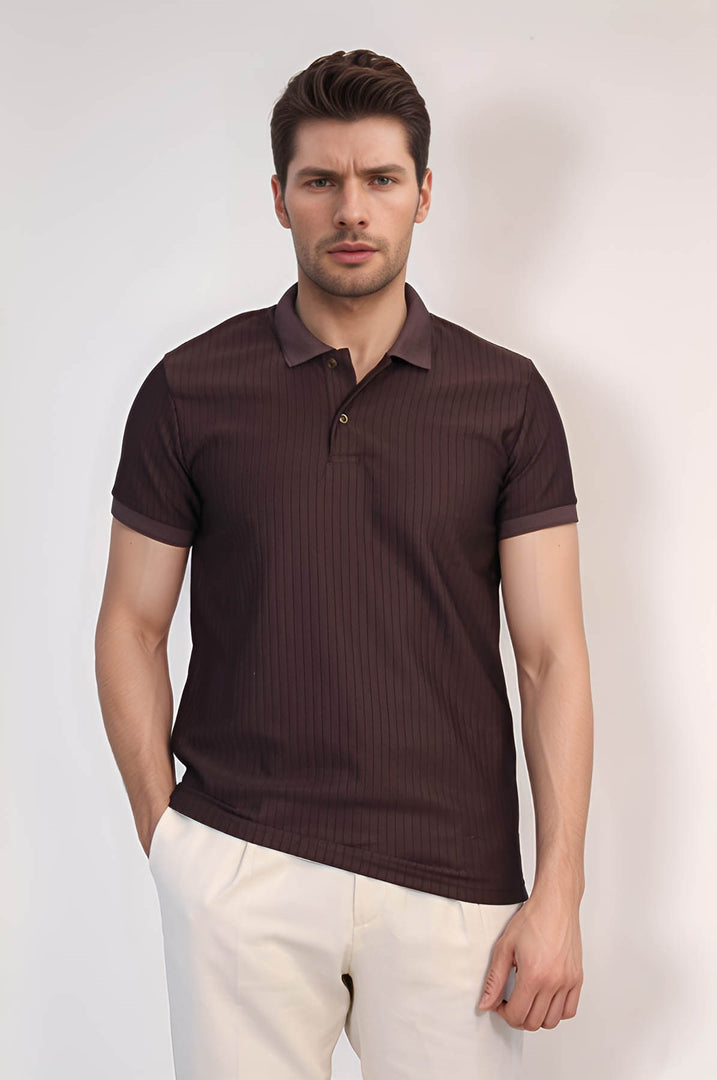 VELVARDE ÇİZGİLİ POLO YAKA TSHIRT KOYUKAHVE (1895)