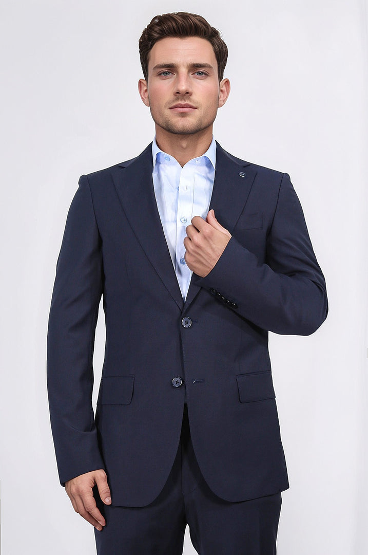 Slim fit mono yaka koyu lacivert takım elbise 