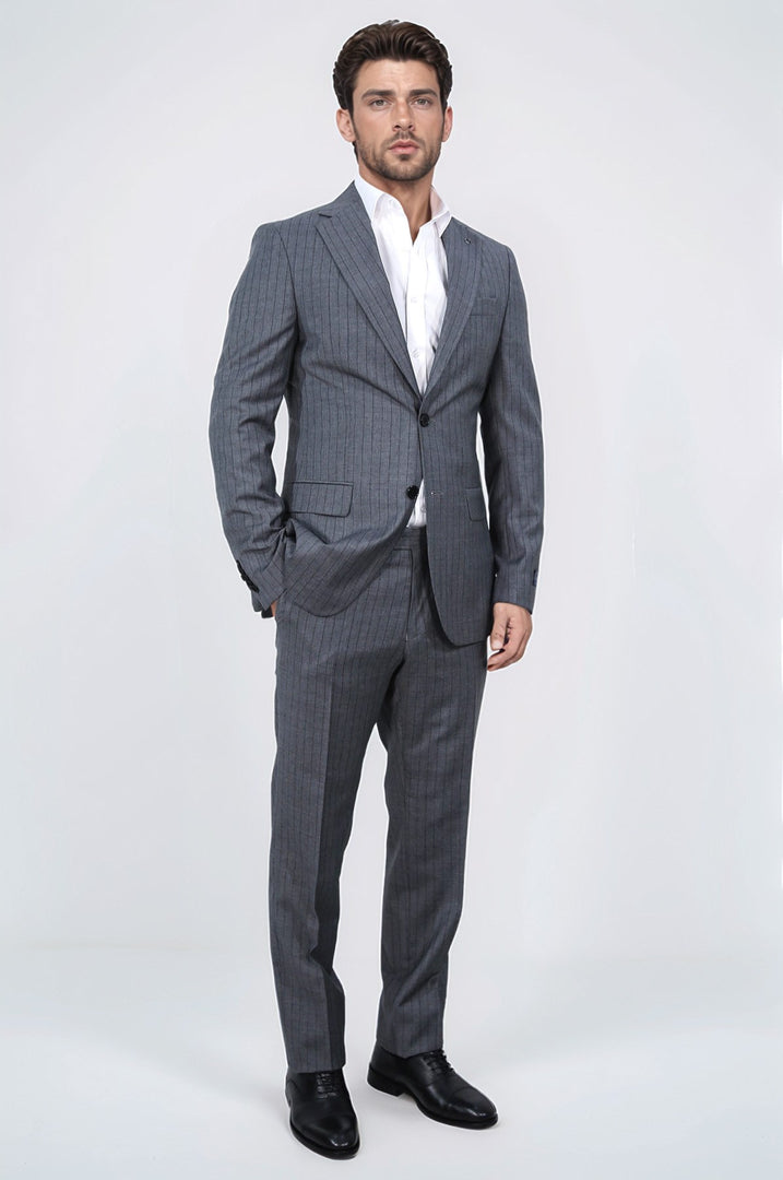 Slim fit mono yaka gri yünlü takım elbise 