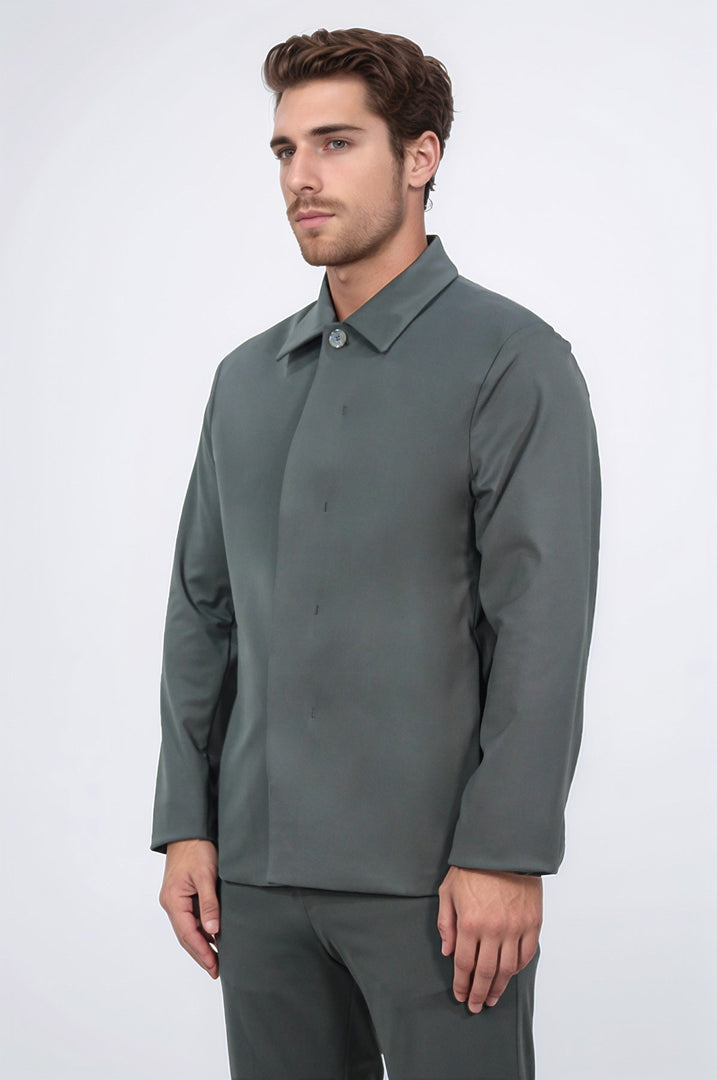 comfort fit bi-strech hafif dokulu yeşil astarsız gömlek ceket