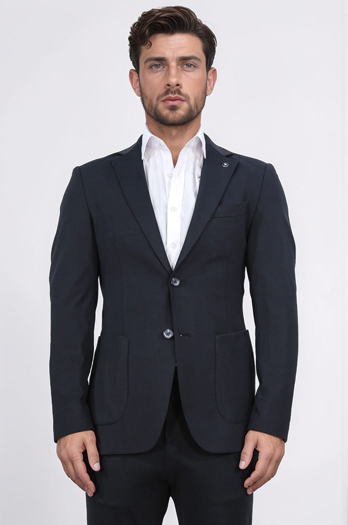 Comfort fit bi-strech hafif dokulu siyah astarsız tek ceket 