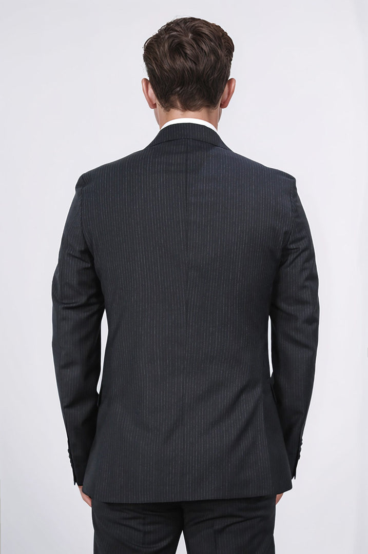 Slim fit mono yaka siyah çizgili yünlü takım elbise 